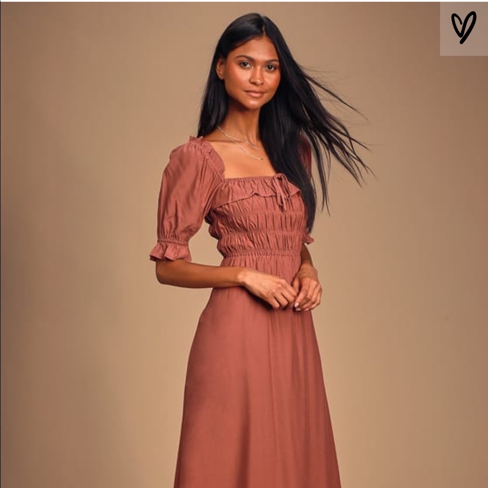 Lulus Mauve Puff Sleeve Smocked Midi Dress NWT